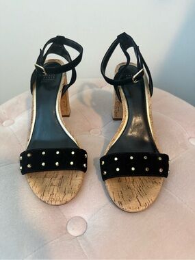White House Black Market Black Studded Cork Block-Heel Sandals